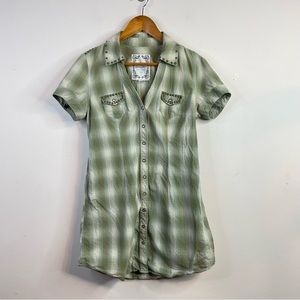 Guess Y2K cotton green plaid western Pearl snap country festival dress top M